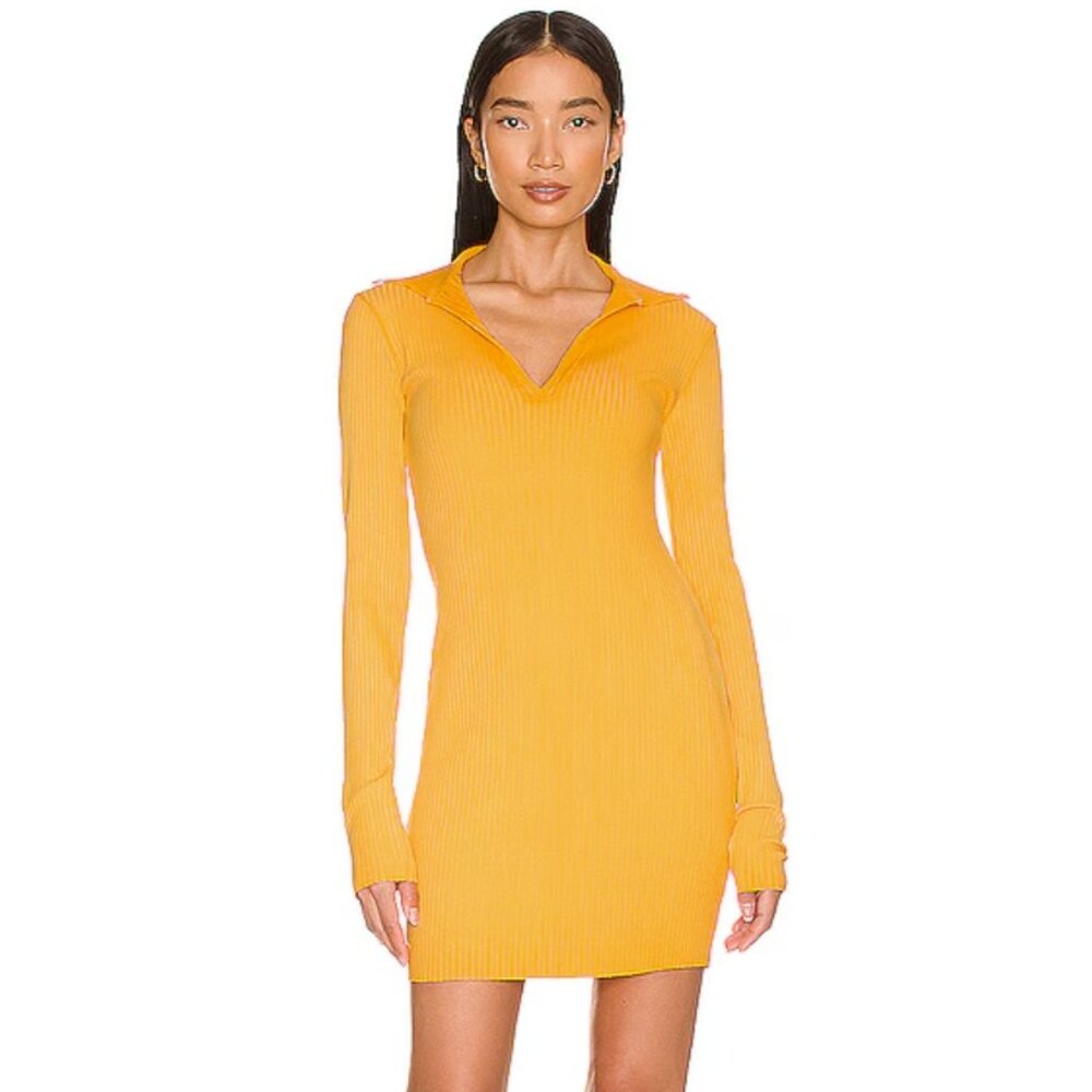 New Cotton Citizen Ibiza Ribbed Knit Polo Mini Dress Gold Mix Small